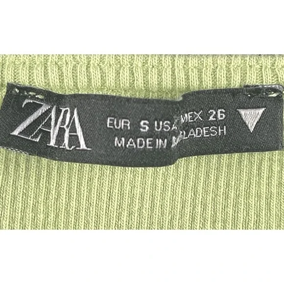 ZARA Womens Green Ribbed Crop Top Size S Ruched Front Ruffle Sleeve Stretch - Picture 3 of 5